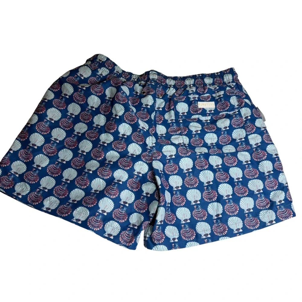 PALMACEA Men's Swim Trunks Navy Blue Shell Print Elastic Waist Drawstring Size M